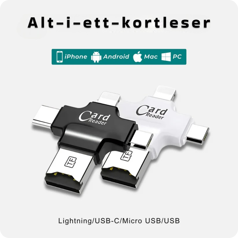 Kompakt kortleser med USB-C, Lightning og MicroUSB – Perfekt for rask filoverføring mellom enheter